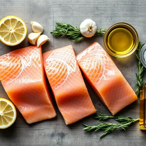 Ingrédients pour la recette de saumon au four : filets de saumon, citron en quartiers, gousses d'ail, brins de romarin frais, huile d'olive, sel et poivre, disposés sur un plan de travail en bois.
