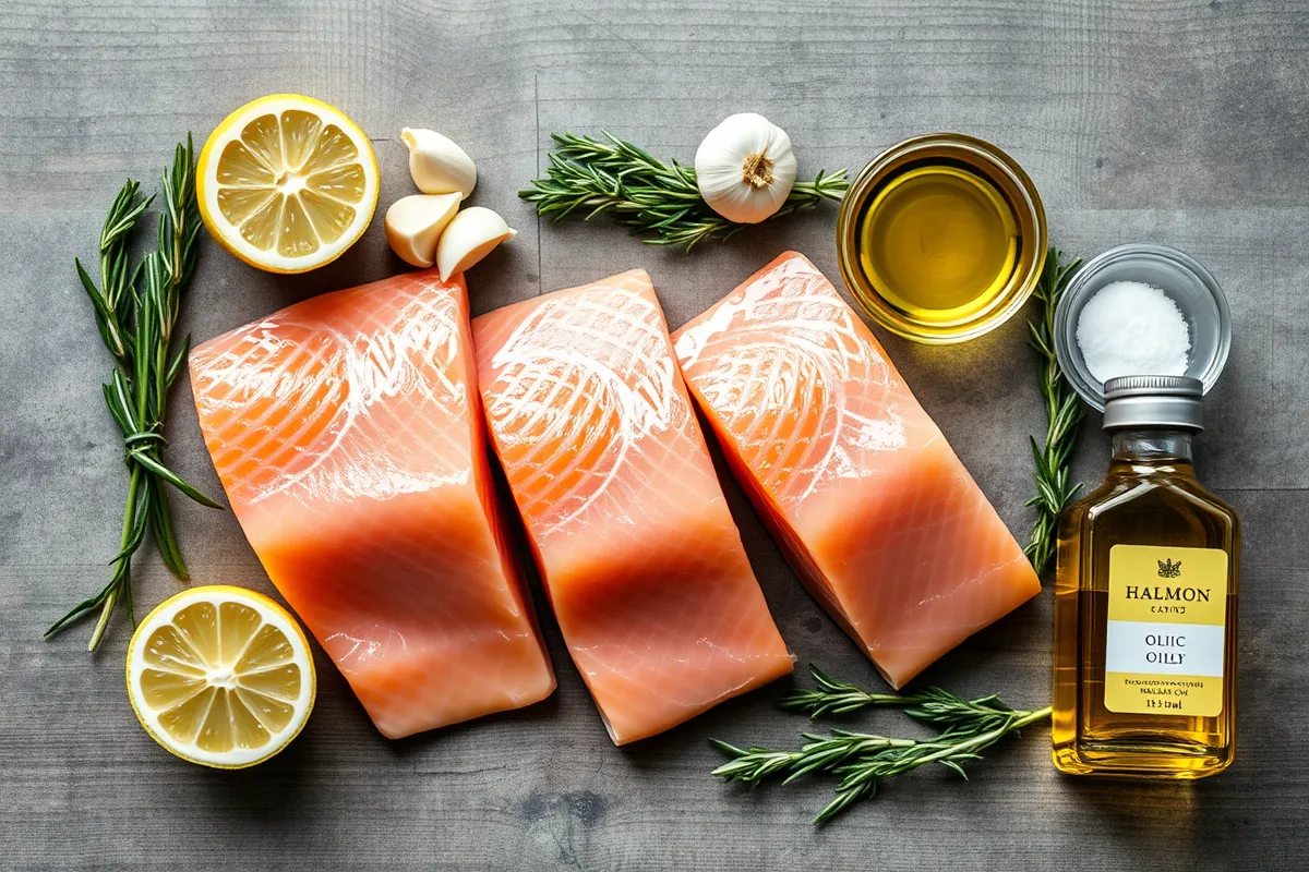 Ingrédients pour la recette de saumon au four : filets de saumon, citron en quartiers, gousses d'ail, brins de romarin frais, huile d'olive, sel et poivre, disposés sur un plan de travail en bois.