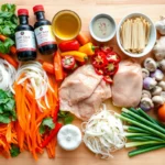 Ingrédients pour nouilles sautées au poulet : légumes, poulet, nouilles et sauces, sur un plan de travail.