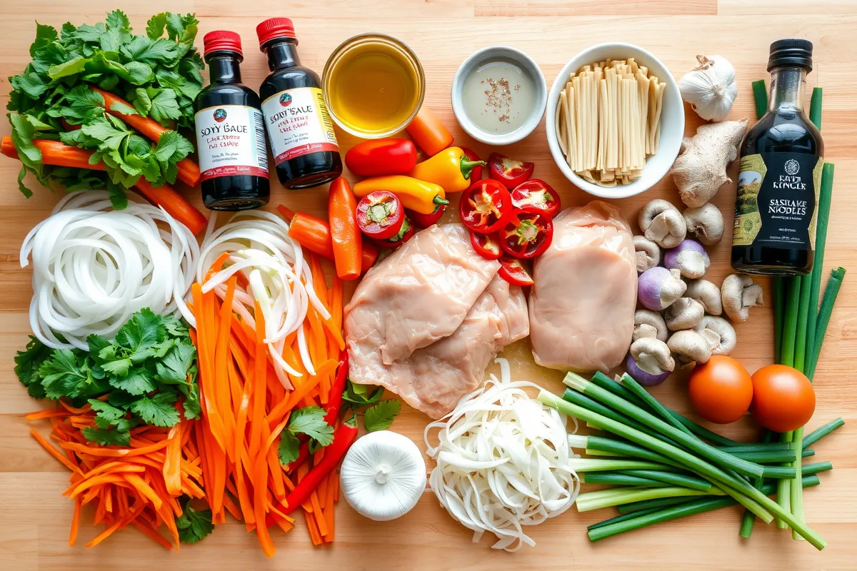 Ingrédients pour nouilles sautées au poulet : légumes, poulet, nouilles et sauces, sur un plan de travail.