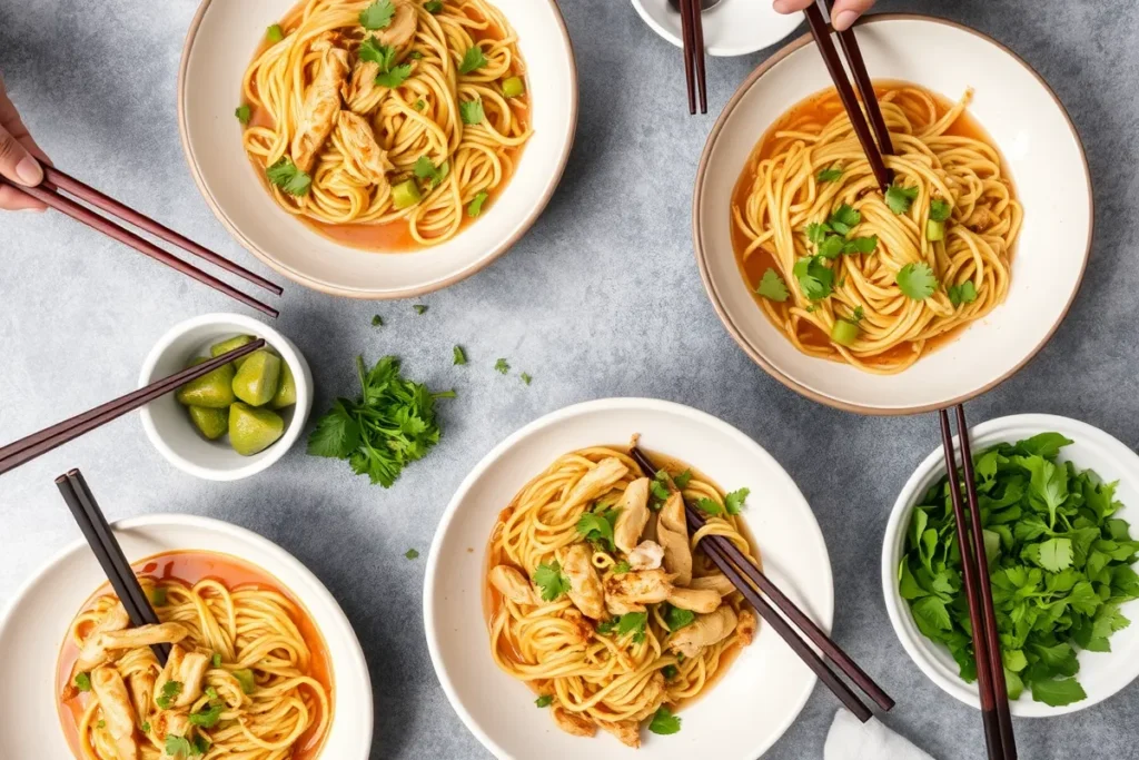 Nouilles sautées au poulet servies à table, prêtes à être partagées