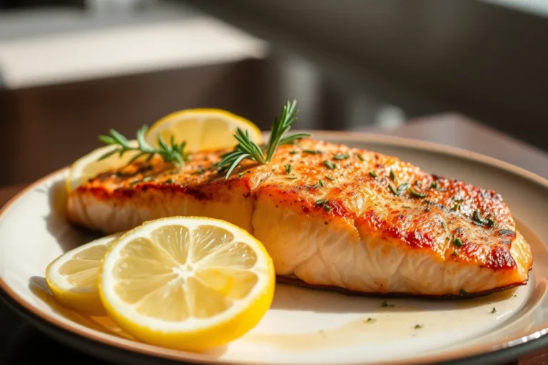 Filet de saumon cuit au four, servi avec des quartiers de citron et des herbes fraîches, prêt à être dégusté.