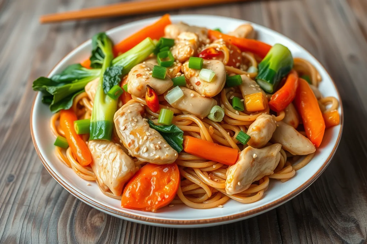 Bol de nouilles sautées au poulet avec légumes colorés et morceaux de poulet dorés, garni de ciboule et de graines de sésame, dans un cadre de cuisine asiatique.