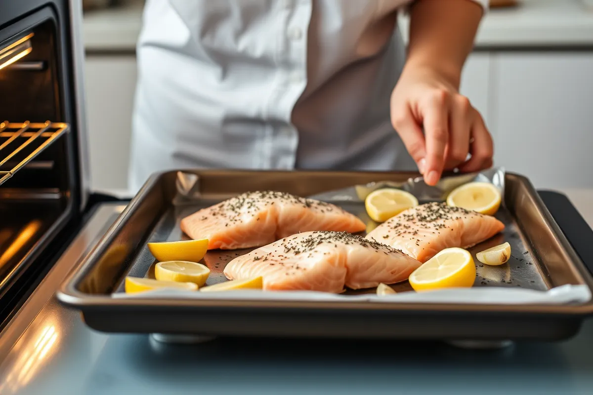 Préparation des filets de saumon sur une plaque de cuisson avec des quartiers de citron et de l'ail, dans une cuisine lumineuse