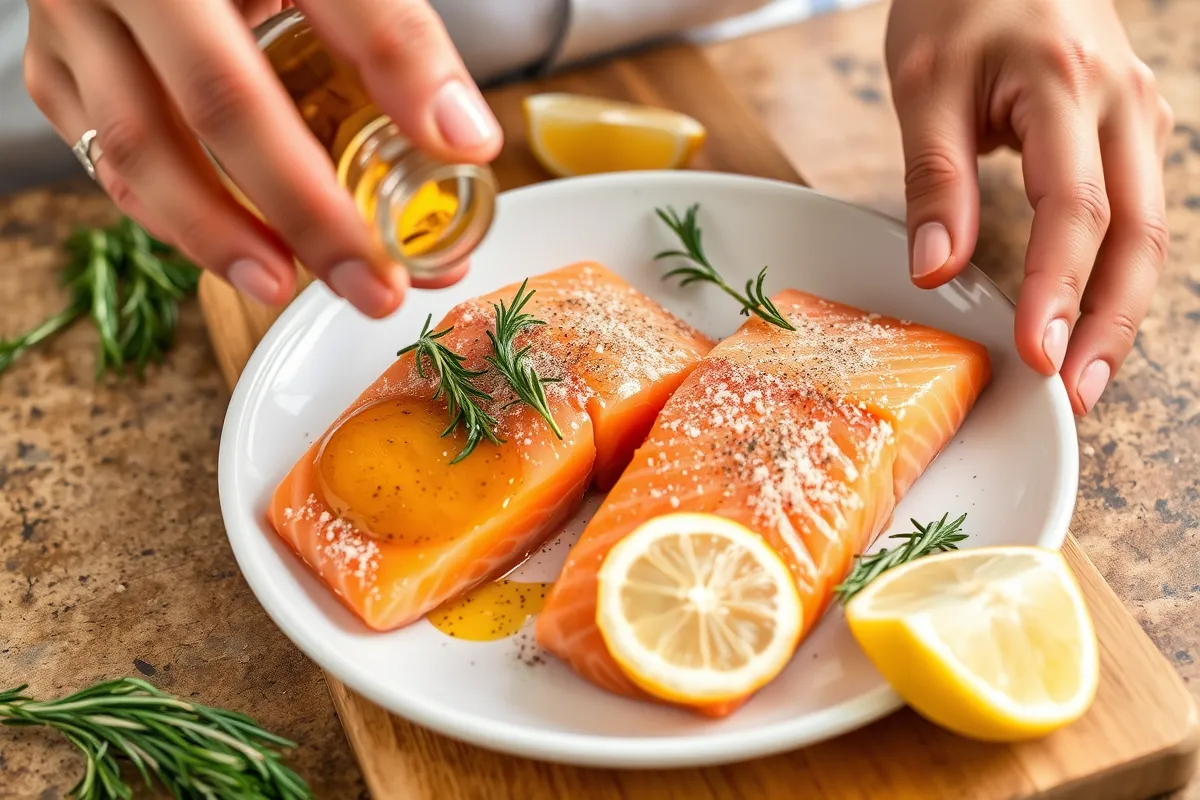 Assaisonner les filets de saumon avec de l'huile d'olive, du sel, du poivre et du romarin frais avant la cuisson