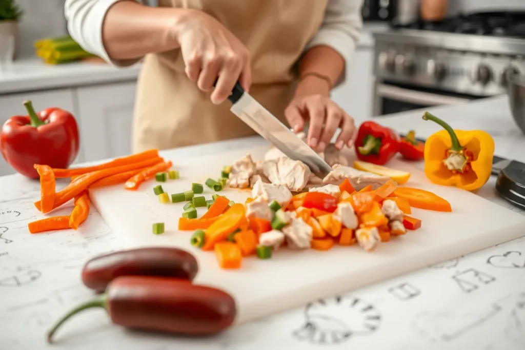 Découpage des ingrédients pour les nouilles sautées au poulet