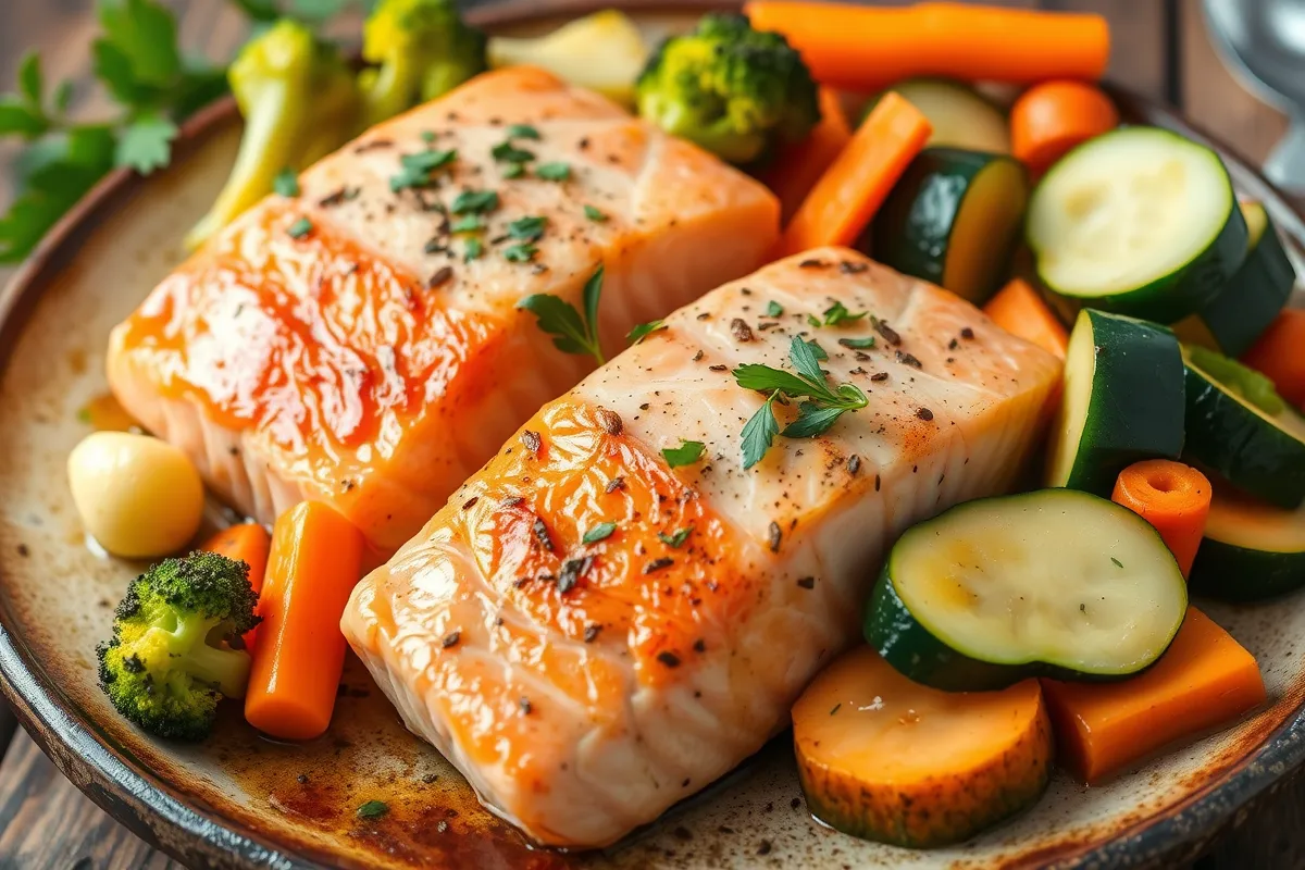Accompagnement de légumes vapeur (brocoli, carottes, courgettes) servi avec des filets de saumon."
