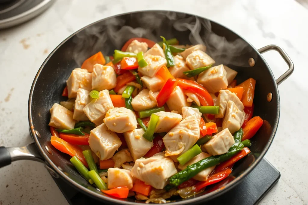 Le poulet et les légumes sautent dans un wok chaud