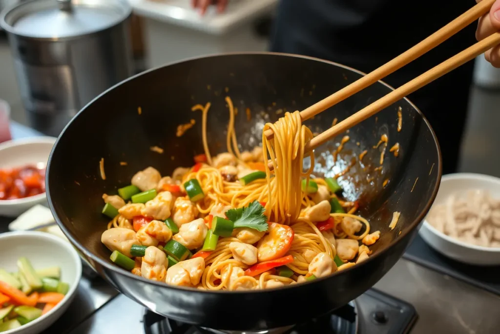 Assemblage des nouilles sautées au poulet dans le wok.