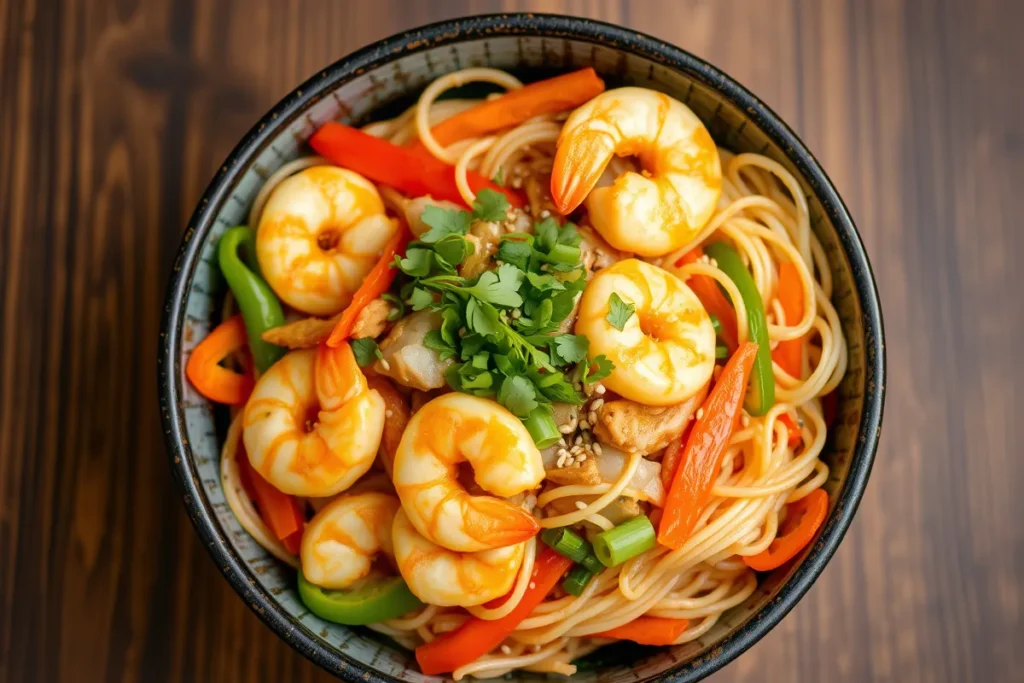 Nouilles sautées au poulet et crevettes, un mélange délicieux