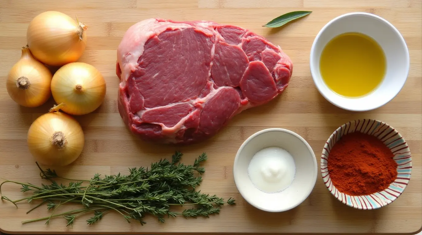 Ingrédients frais pour le bœuf aux oignons disposés sur une planche en bois : morceaux de bœuf, oignons jaunes, herbes fraîches, paprika et huile d'olive.