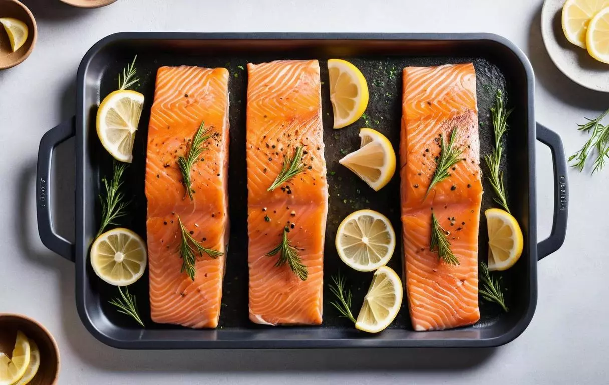 Un plateau avec des filets de saumon assaisonnés et prêts à être cuits au four. La température du four est affichée à 180°C et la durée de cuisson est de 15-20 minutes. La couleur vive du saumon est mise en avant