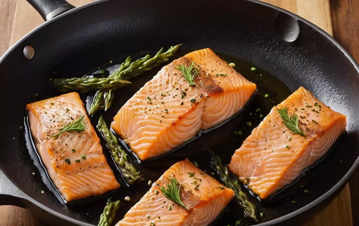 Une poêle avec de l'huile chaude dans laquelle un filet de saumon est en train de dorer des deux côtés. Le saumon forme une croûte dorée et croustillante.