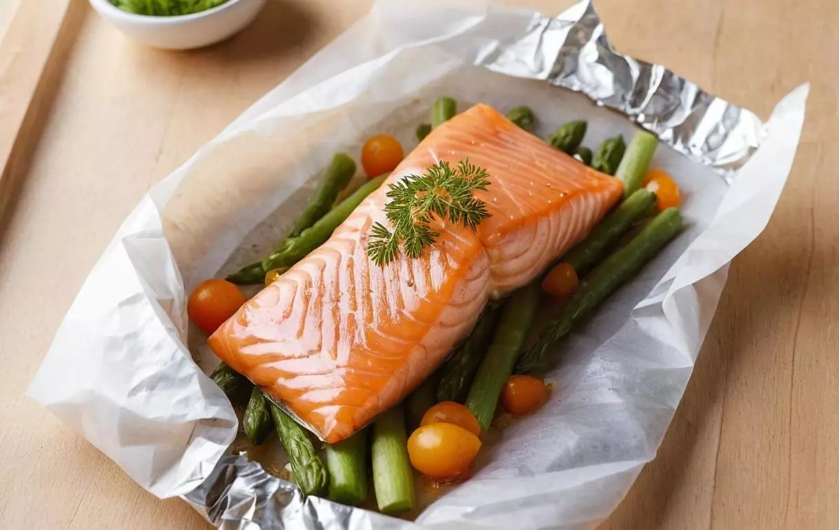Une poêle avec de l'huile chaude dans laquelle un filet de saumon est en train de dorer des deux côtés. Le saumon forme une croûte dorée et croustillante.