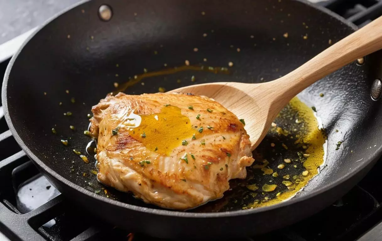 Huile chauffée à feu vif dans une poêle, prête à cuire les escalopes.