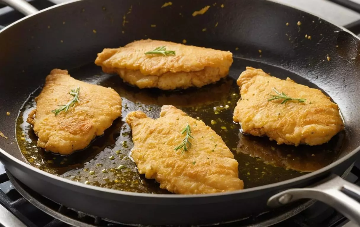 Escalopes de poulet dorées dans une poêle, cuites 2 à 3 minutes de chaque côté.