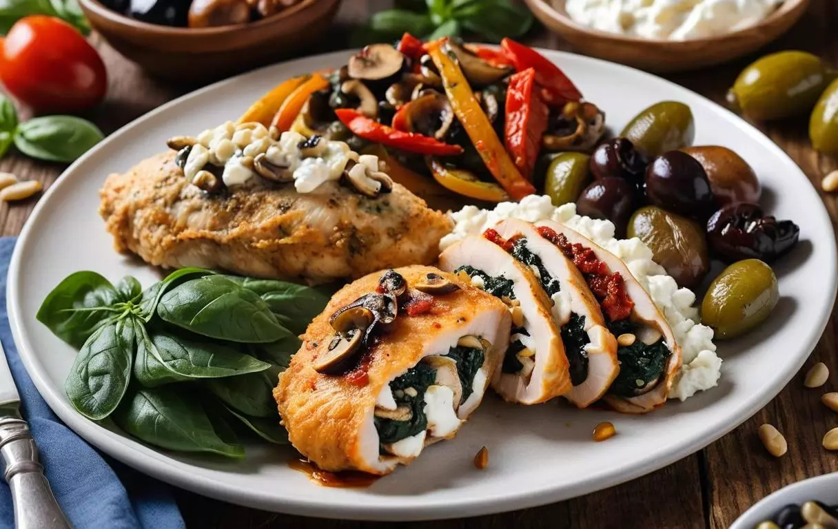 Assortiment d'escalopes de poulet farcies avec des épinards, de l'ail, du fromage de chèvre, des tomates séchées, du basilic, du parmesan, des champignons, des oignons caramélisés, de la ricotta, des noix de pin, et des légumes méditerranéens