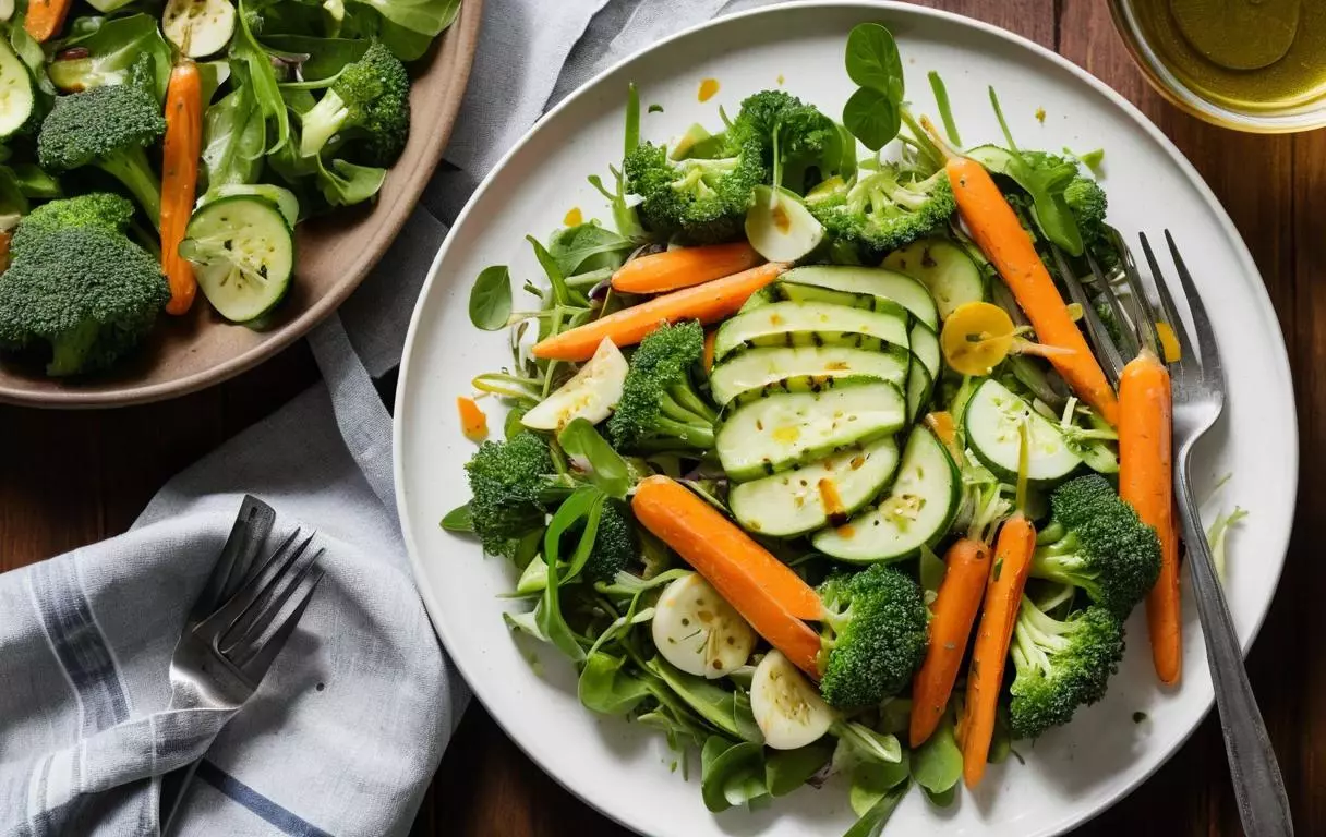 Salade verte bien assaisonnée avec une vinaigrette légère, accompagnée de légumes grillés ou cuits à la vapeur comme des brocolis, des courgettes et des carottes