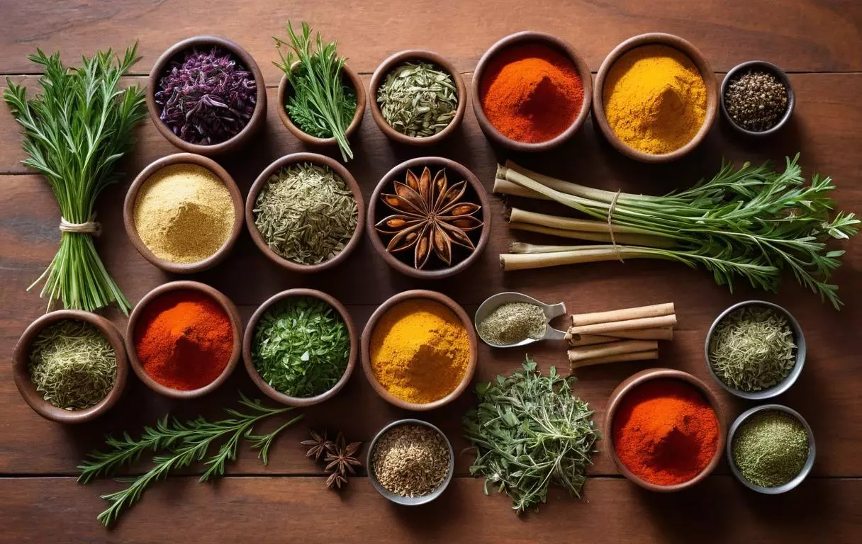 Épices et herbes aromatiques comme le paprika, le cumin, le curry, le thym, le romarin, l'origan, le gingembre, la coriandre, la citronnelle, le persil, la ciboulette et l'estragon disposées sur une surface en bois