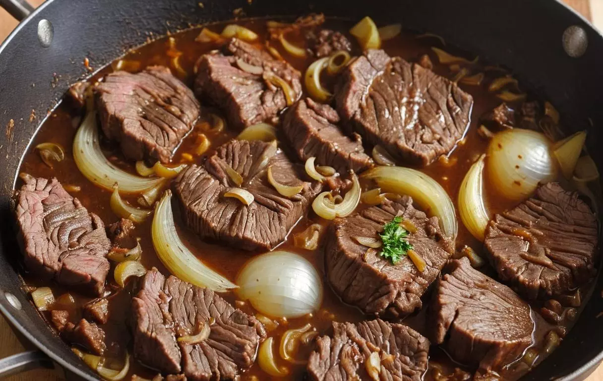 Réintégration du bœuf avec les oignons dans la poêle, mijoté à feu doux pendant 5 à 10 minutes jusqu'à ce que la viande soit tendre