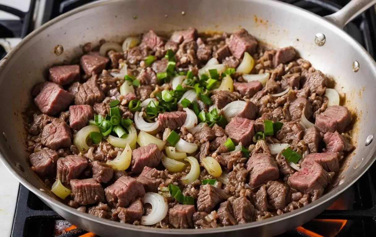 Saler et poivrer selon votre goût. Réintégrer le bœuf avec les oignons dans la poêle.