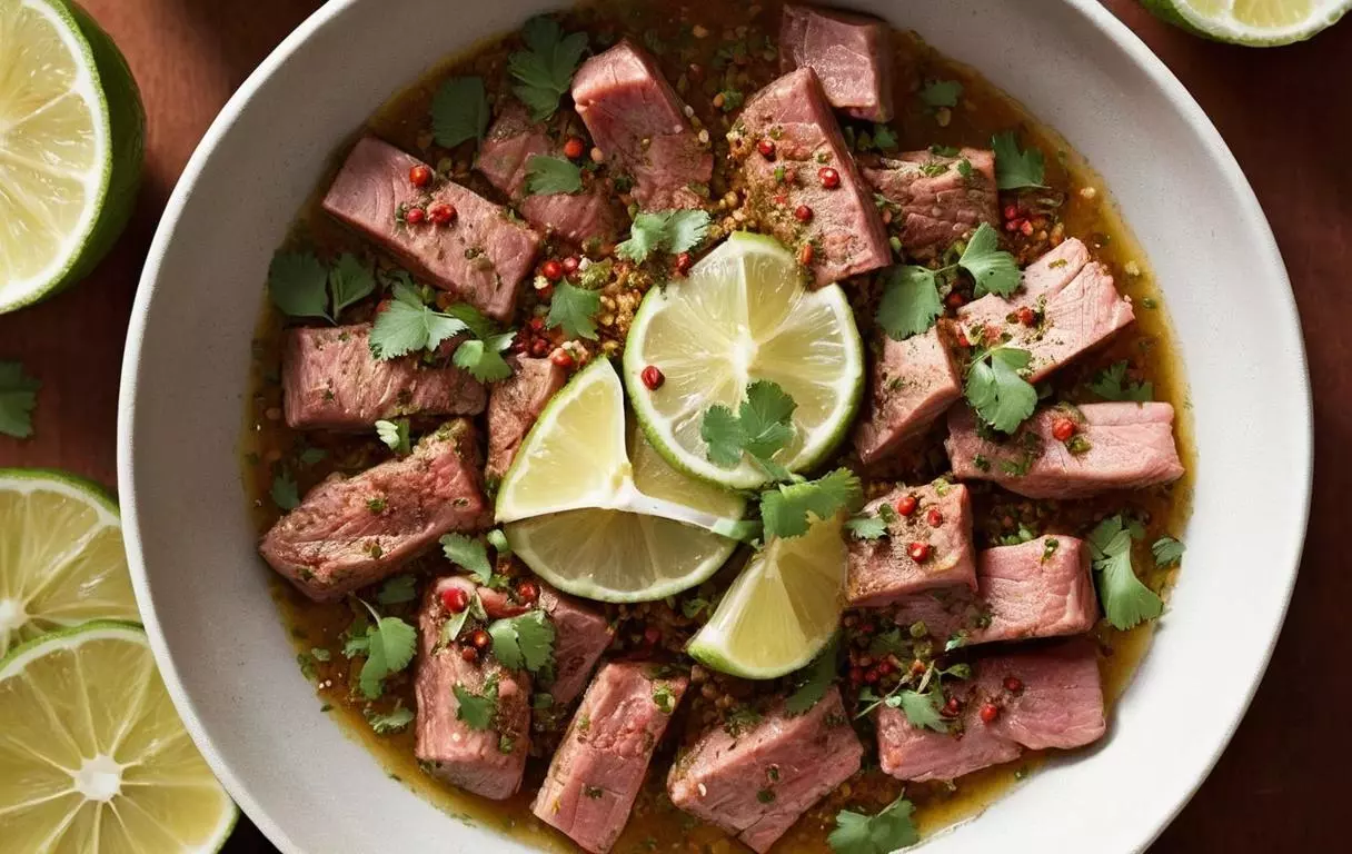 Marinade parfumée pour attendrir la viande : jus de citron vert, huile d'olive, ail haché, épices mexicaines (cumin, paprika, coriandre, piment de Cayenne), sel et poivre dans un bol