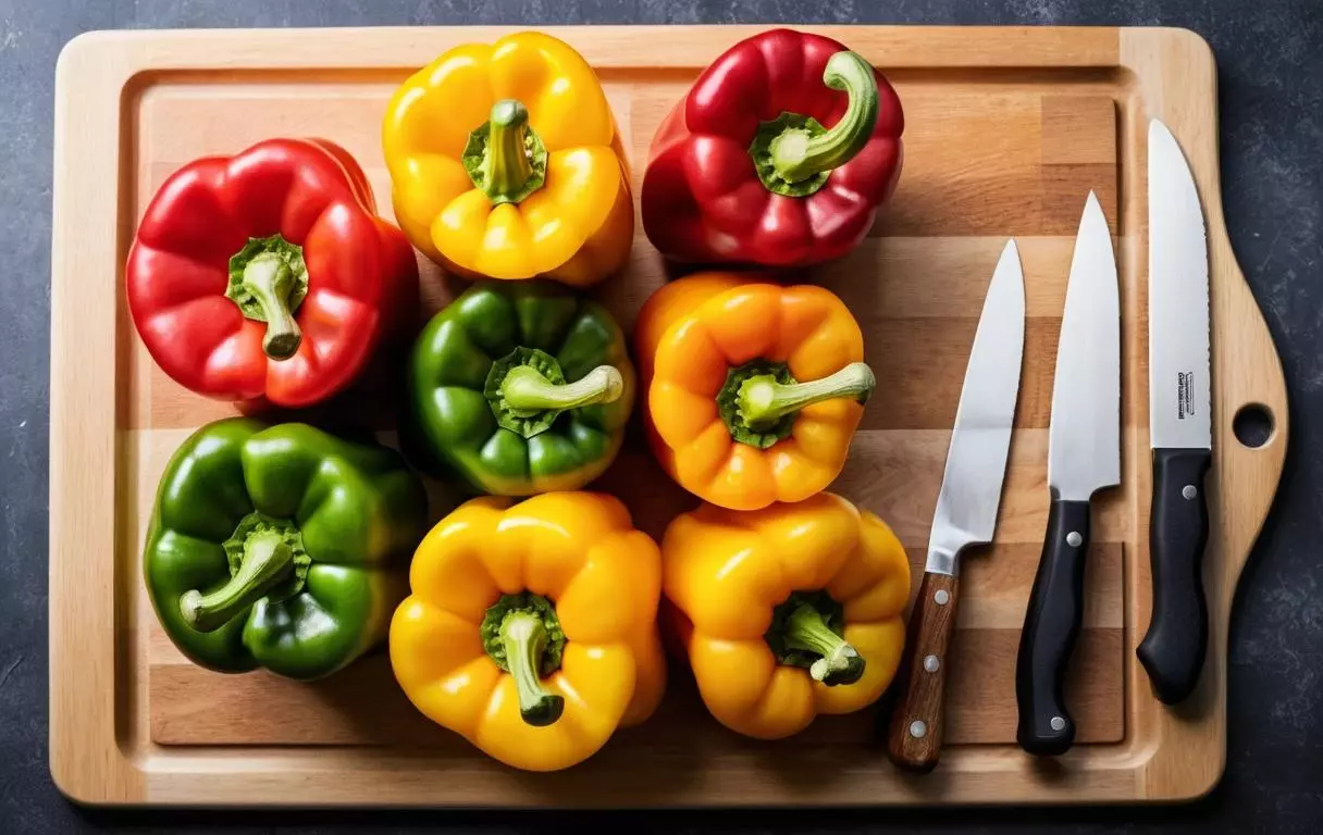 Poivrons rouges, jaunes et verts coupés en tranches, montrant une variété de couleurs vives et fraîches, prêts à être ajoutés à la recette.