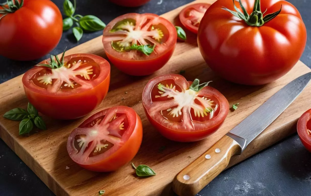 omates fraîches et mûres, tranchées sur une planche à découper, montrant leur couleur rouge vive, parfaites pour garnir des plats ou préparer des sauces.