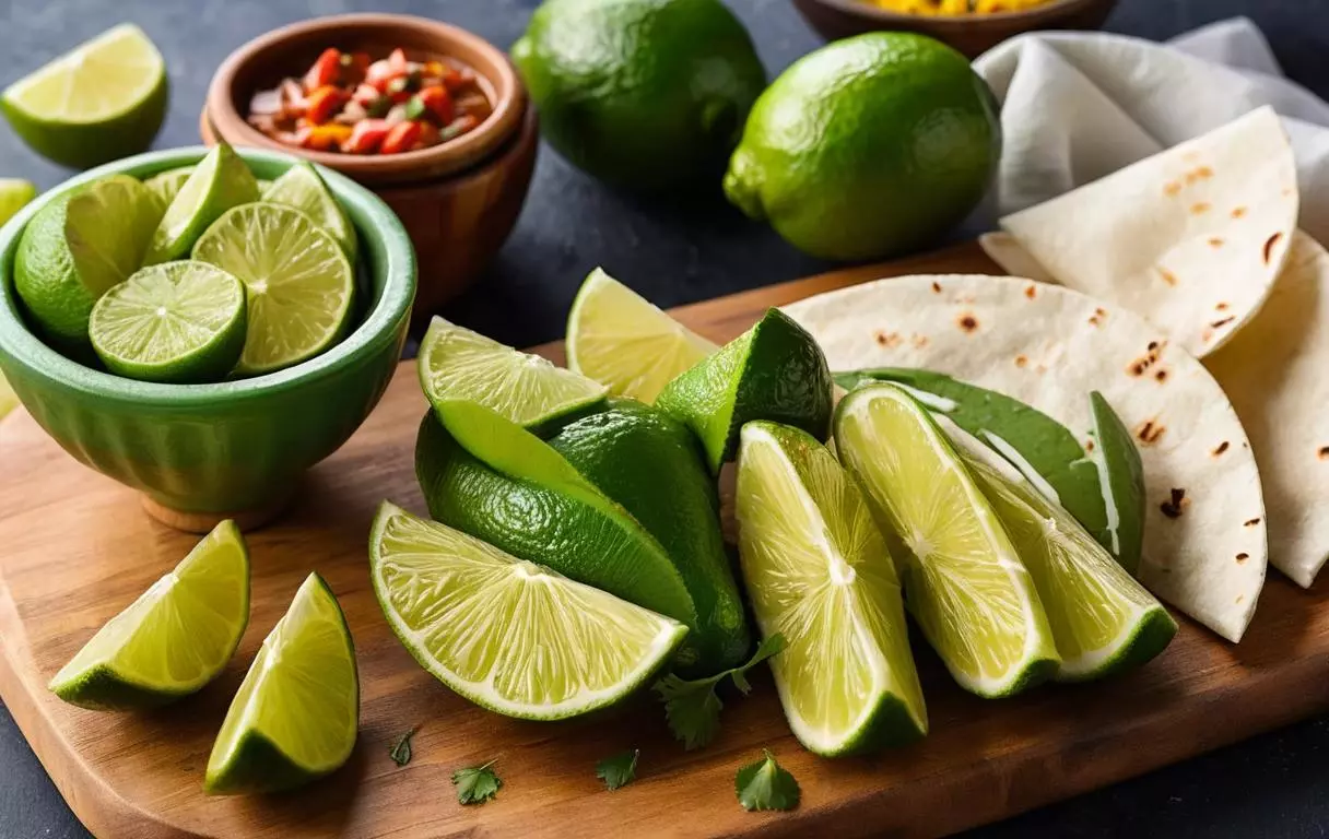 Un citron vert coupé en quartiers, avec une couleur verte vibrante, placé à côté des fajitas pour rehausser les saveurs avec une touche de fraîcheur citronnée.