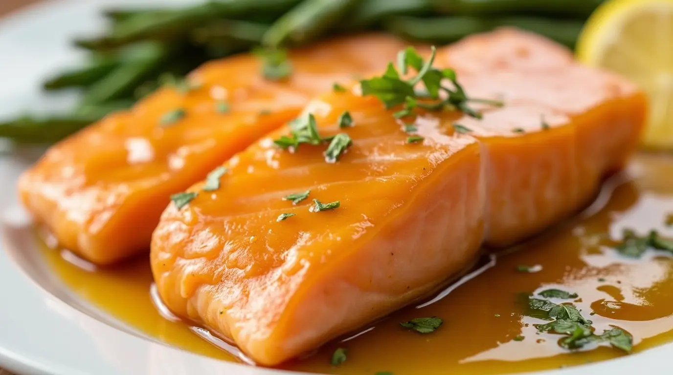 Saumon accompagné d'une sauce moutarde et miel, sucrée-salée, apportant une touche délicieuse au poisson
