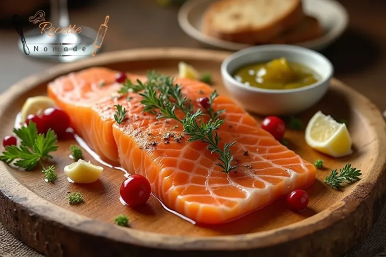 Gravlax de saumon finement tranché, décoré de citron, d'aneth et de baies roses avec sauce moutarde et pain noir