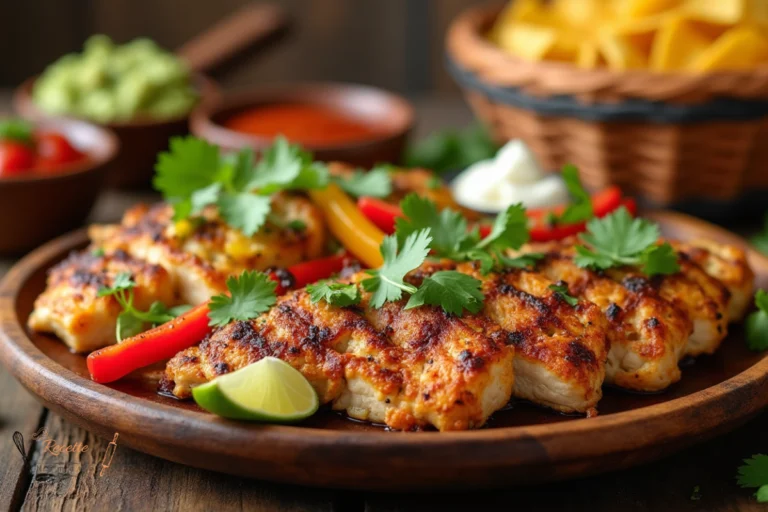 3 étapes faciles pour une recette de fajitas : un plat mexicain savoureux poivrons et oignons grillés, accompagnées de guacamole, salsa, et chips de tortillas.