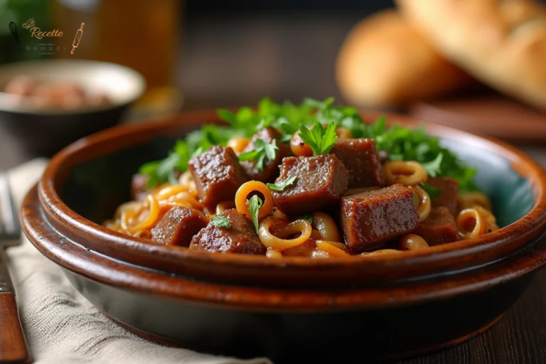 Plat de boeuf au oignon chinois avec des morceaux de boeuf tendre et des oignons caramélisés, servi dans un bol traditionnel