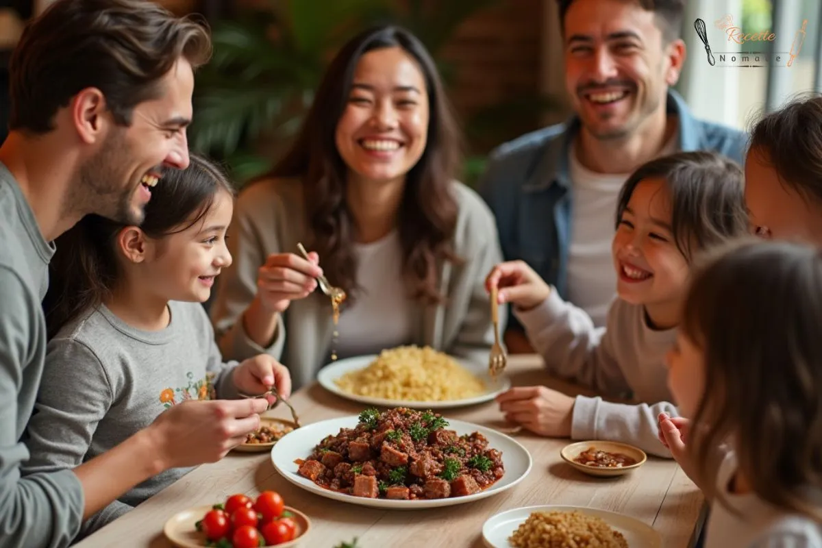 Crée une image chaleureuse d'une famille réunie autour d'une table, partageant un plat de bœuf au oignon chinois. Les membres de la famille, comprenant des adultes et des enfants, sourient et discutent joyeusement en savourant le plat. Sur la table, en plus du bol de bœuf, il y a des légumes frais, du riz blanc, et des baguettes. L'ambiance est conviviale et accueillante, évoquant un moment de partage et de bonheur