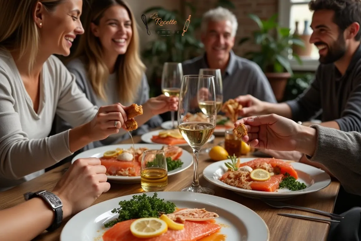 Groupe de convives partageant un gravlax de saumon avec du boisson et du pain noir autour d'une table, dans une ambiance chaleureuse.