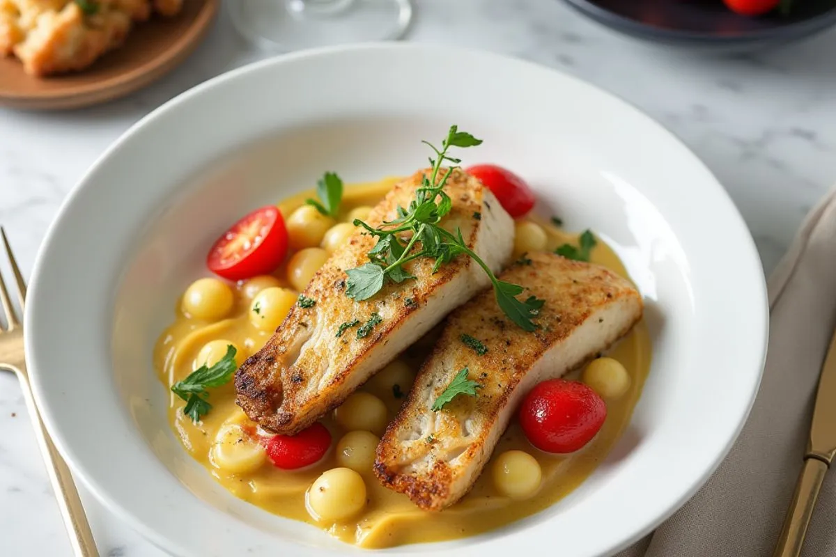 Sauté de dinde à la française dans une assiette blanche, garni de légumes colorés et de thym, sur une table en marbre clair