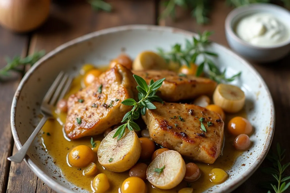 Sauté de dinde à la française avec sauce crémeuse, légumes d’automne, thym et laurier, servi sur une table en bois pour un repas réconfortant.