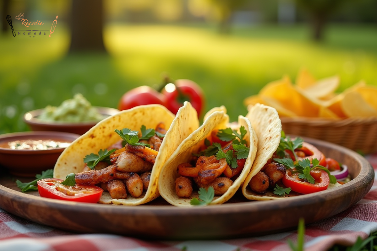 Fajitas au poulet en pique-nique, avec tortillas garnies de poulet grillé, poivrons et oignons, accompagnées de sauces mexicaines et de chips de maïs sur une nappe à carreaux en plein air.