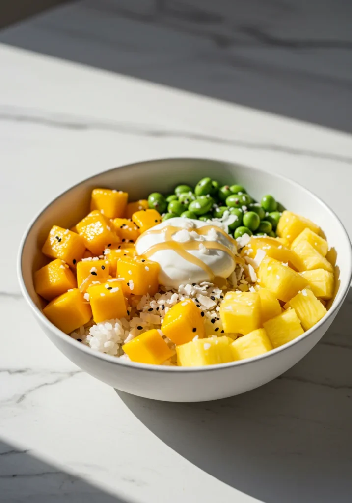 Poke bowl dessert au riz coco, mangue, ananas et copeaux de noix de coco grillée.