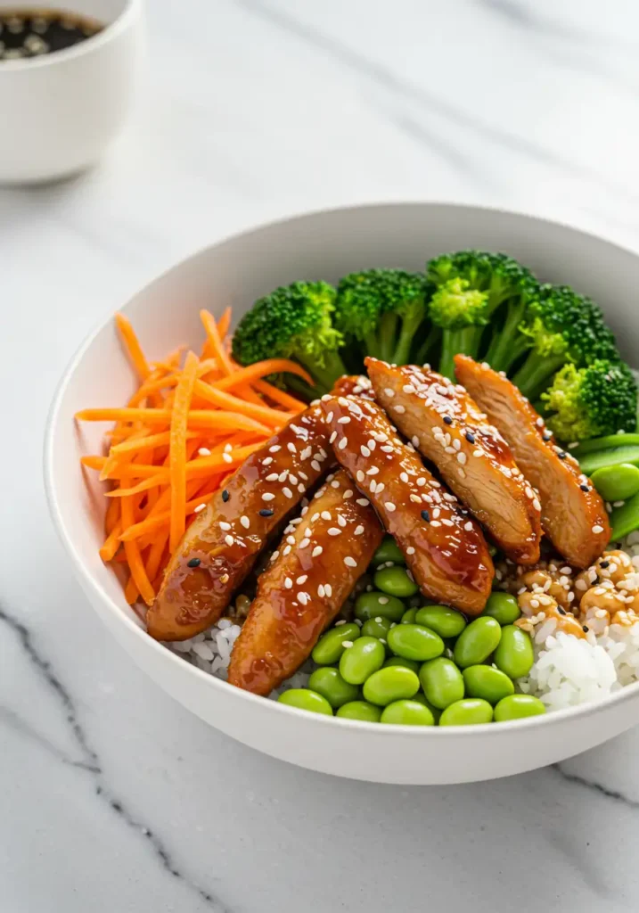 Poke bowl au poulet teriyaki, riz sushi, brocoli vapeur, carottes râpées et graines de sésame.