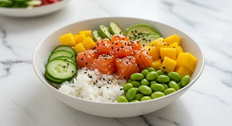 Poke bowl saumon et avocat sur fond marbré blanc, avec riz, concombre, edamame, mangue et graines de sésame.
