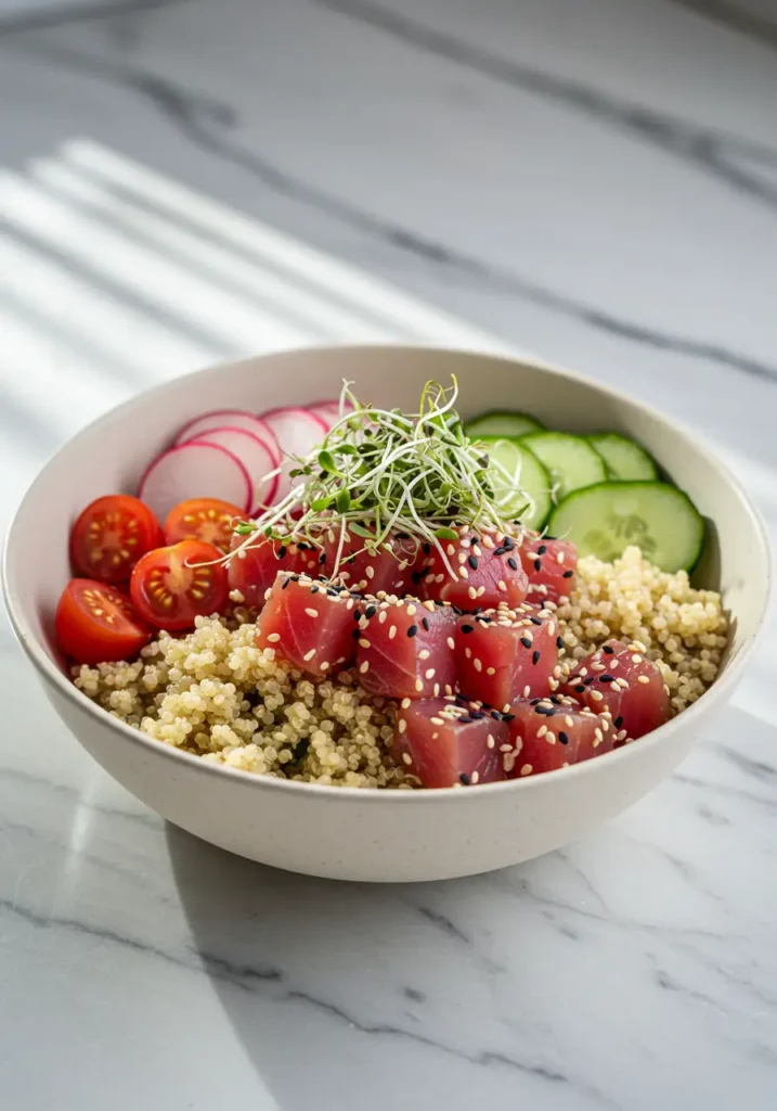 Poke bowl au thon rouge et quinoa, avec tomates cerises, pousses de radis et concombre, sur fond marbré blanc.