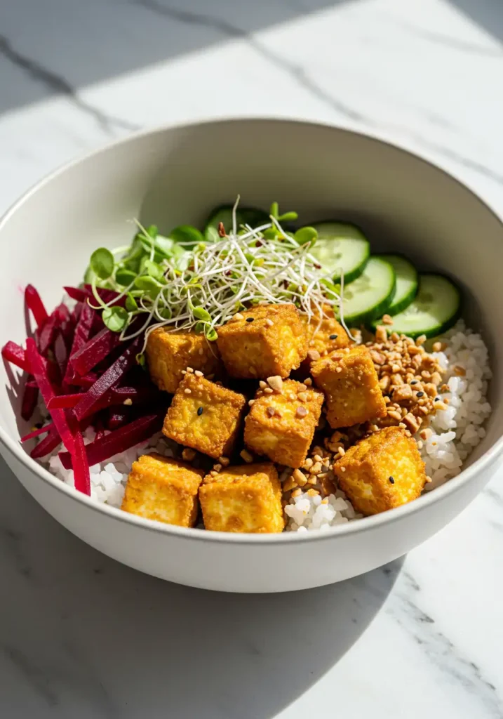 Poke bowl vegan au tofu croustillant, riz sushi, betterave crue, concombre et graines germées.