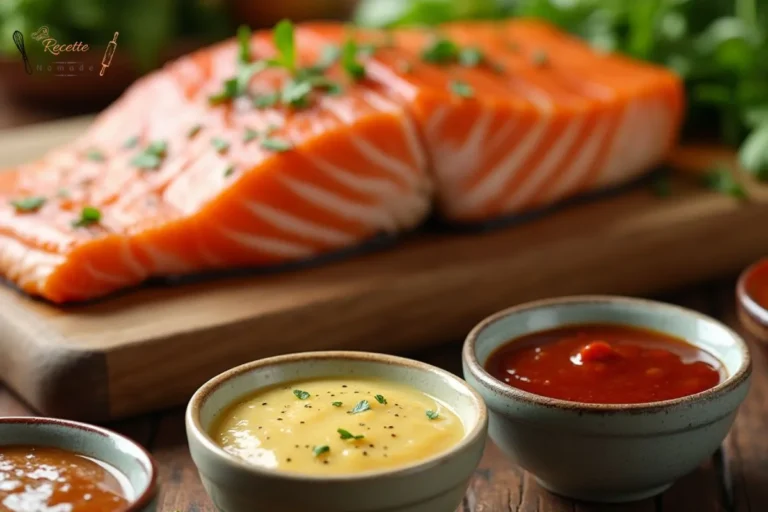 Trois sauces pour saumon dans des bols colorés, accompagnées d'un plat de saumon grillé et de légumes frais