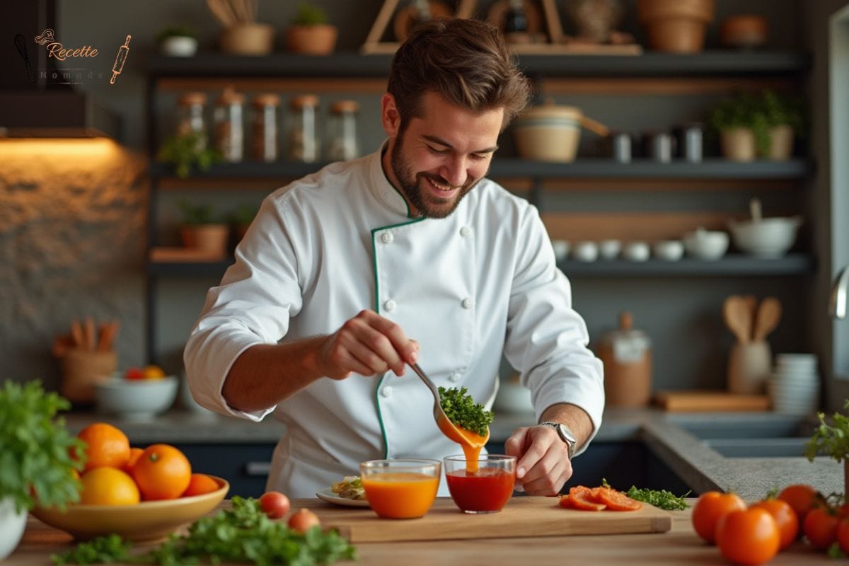 Un chef cuisinier souriant préparant des sauces pour saumon dans une cuisine moderne, entouré d'ingrédients frais comme des herbes, des citrons et des épices.