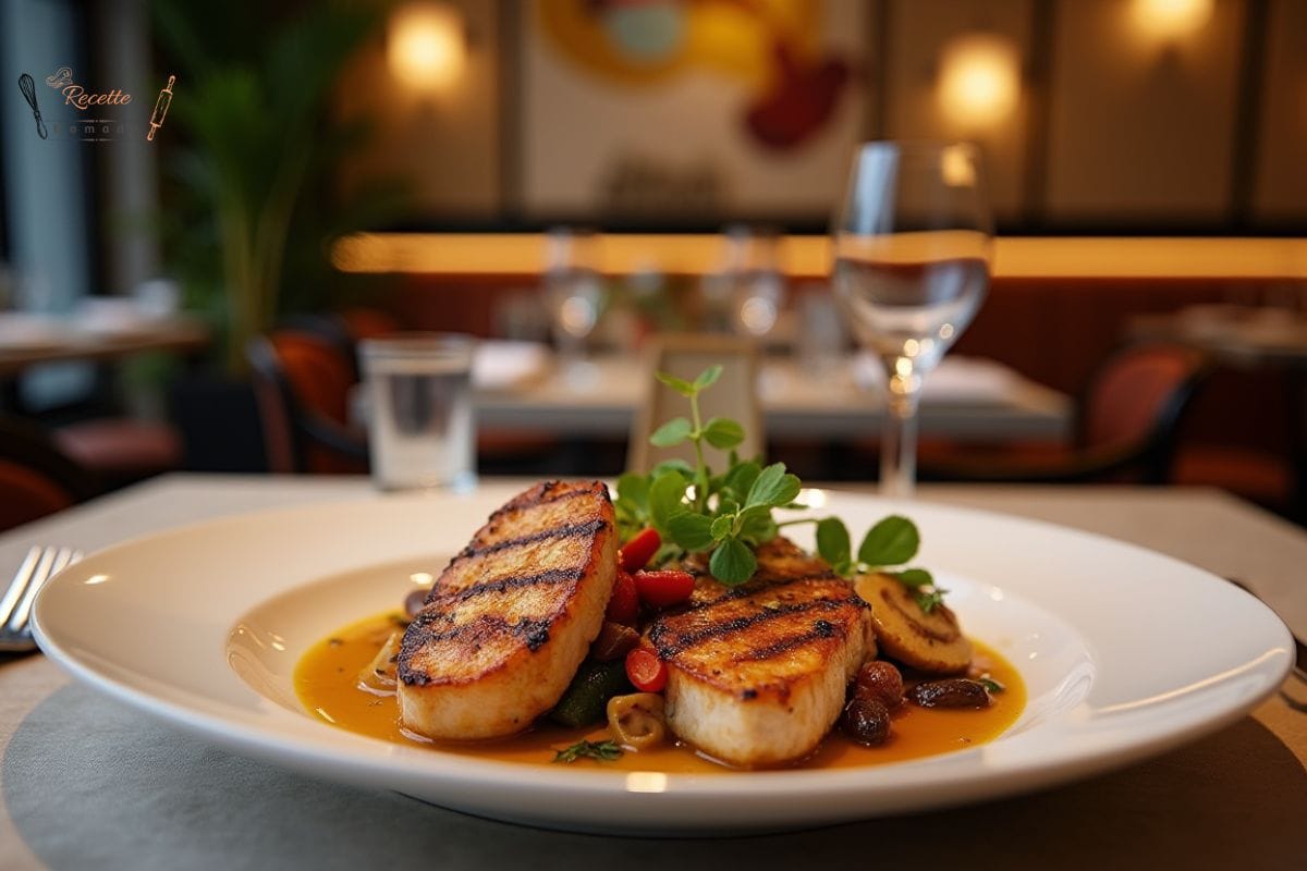 Que faire avec des escalopes de dindes Plat élégant d'escalopes de dinde grillées sur une assiette raffinée,