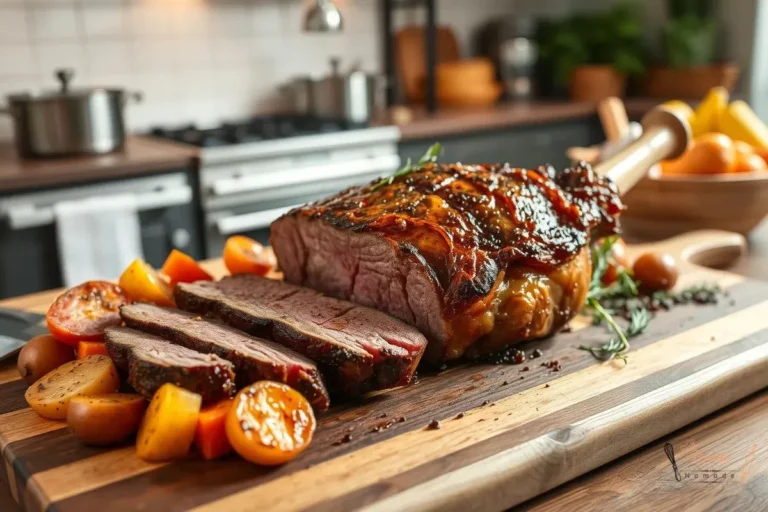Rôti de bœuf doré et juteux avec légumes rôtis dans une cuisine élégante.