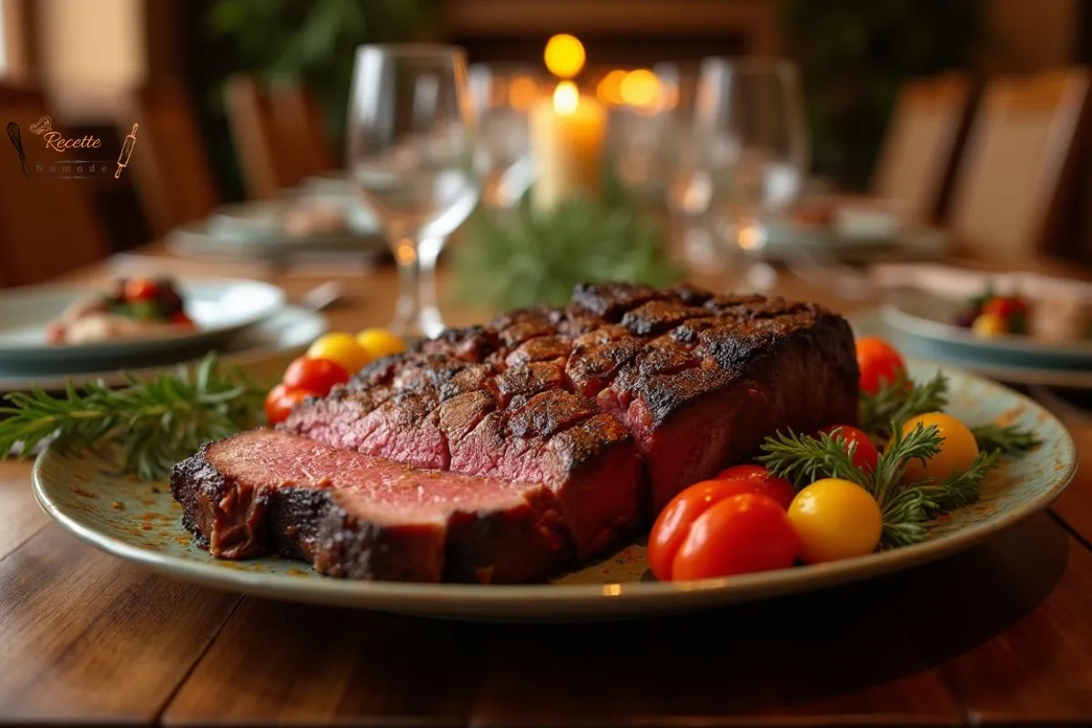 Rôti de bœuf doré et juteux avec légumes rôtis, servi sur une table de salle à manger décorée pour un repas convivial