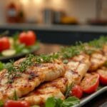 Recette avec d'escalopes de poulet préparées de différentes façons, présentées sur une assiette avec des légumes frais