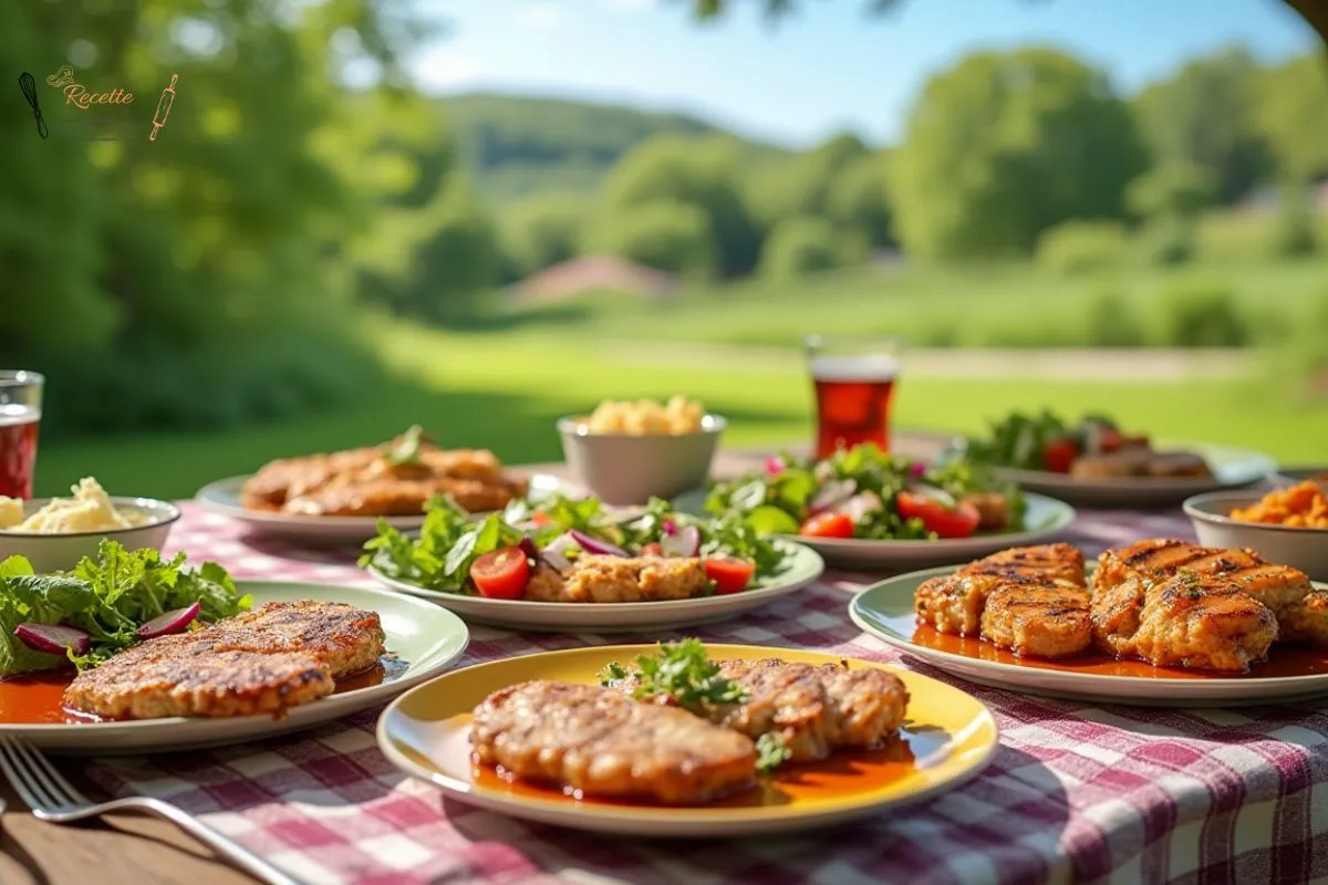 Table de pique-nique en plein air avec des escalopes de poulet préparées de différentes façons, entourées de salades fraîches et d'un paysage verdoyant